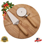 015842 Pizza Board Wood Round With Stainless Steel Slicer Cutter Lifter