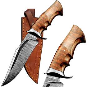 127-128 Afhzam H Handmade Damascus Hunting Knife With Leather Sheath Ideal For Skinning Cam