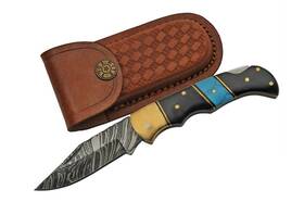 Dm1215 Damascus Steel Turquoise And Horn Handle Folding Knife Dm1215 Damascus Steel Turquoise And Horn Handle Folding Knife
