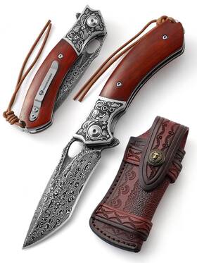 1-dahao-shiwnag Drachenader 1-dmsg-hb Damascus Steel Folding Pocket Knife With Vg10 Core Wooden Handle And Leather S