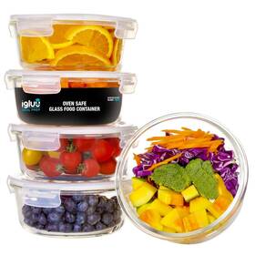 Igluu Meal Prep 060793190598 Round Glass Containers With Air Vent Lids 5 Pack Extra Lid