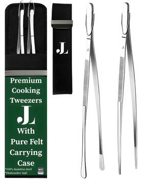 Jean Lemond 061049480173 With Pure Felt Pouch. The Precision Touch Premium Kitchen Cooking Tweezers 2p