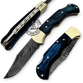 Knife Knation 707129268419 Blue Wood Handmade Damascus Pocket - Folding Hunting K