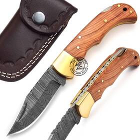 Knife Knation 707129268440 Olive Wood 6.5ftft Handmade Damascus Steel Folding Pocket Hunting