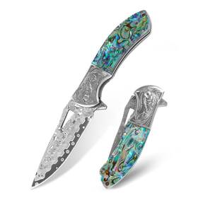 Knovatet L20-hl-xin Damascus Pocket Knife With Abalone Shell Handle Sharp 3.35 Inch Vg10 St