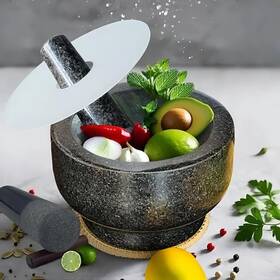 Sh2024 Lingshine 8 Inch Extra Large Natural Stone Mortar And Pestle Set 5 Cup Black Pearl Grani