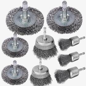 Mikilikien 616943815535 Drill Wire Wheel Cup Brush Set 9 Piece 0.010in Coarse Carbon Steel Crimping