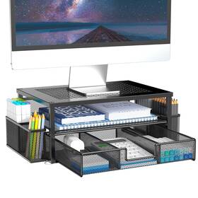 Mindepot 331597795019 2 Tier Computer Monitor Stands With Drawer And Pencil Holder Metal