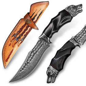 Mi00389 Minowe Handcrafted 10 Inches Damascus Steel Fixed Blade Hunting Knife With Leath