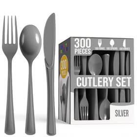 Cutlerycomslvr.300 Party Solids Silver Plastic Silverware Heavy Duty 300 Pieces Disposable