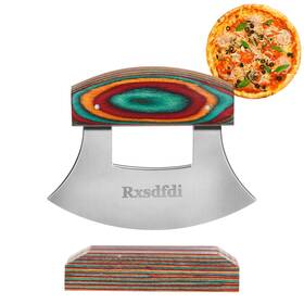 Rxsdfdi Pc001 Pizza Cutter Rocker Knife Sharp Ulu With Wooden Handle Stainless Stee
