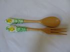 Salad Servers Wood Ceramic Painted Lemons Green Fork Spoon Set