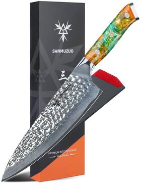 Dmf13rs-cs Sanmuzuo 8 Inch Chef Knife - Professional Kitchen Hammered Damascus Steel And Resin