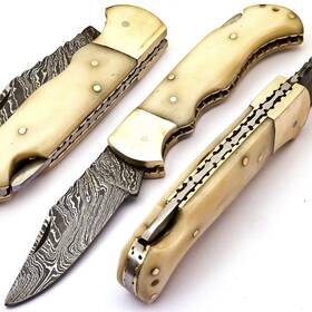 Skokie Knives Ltd 681827910606 Custom Hand Made Damascus Steel Hunting Folding Knife Handle Ca