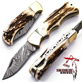 Skokie Knives Ltd 685757166706 Custom Hand Made Damascus Steel Hunting Pocket Folding Knife Wi