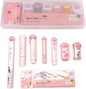 6404170 Sueiannmn 9 Pcs Cute Cat Paw Stationery Set Pencil Sharpener Retractable Eraser Pink