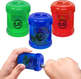 Ultimate Stationery 850022420139 3-pack Dual Hole Pencil Sharpeners With Receptacle Blue For Pencils And Crayons
