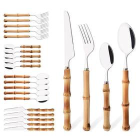Uniturcky Zhuzi-silver46 Bamboo Handle Silverware Set 24-piece Flatware For 6 Stainless Steel Cu