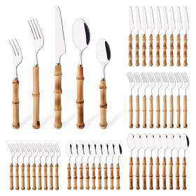 Uniturcky Zhuzi-silver510 50pcs Silverware Set For 10 Bamboo Handle Flatware Stainless Steel Cutl