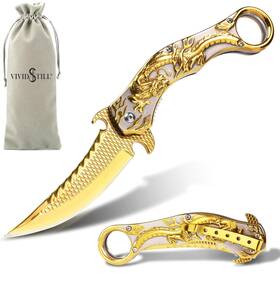 Vvs011 Vividstill Pocket Knife For Men Cool Folding With 3d Golden Dragon Rel