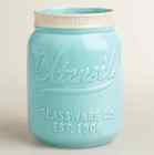 World Market Ceramic Mason Jar Utensil Holder Caddy Crock Aqua Blue New Kitchen Decor Accent 724519678375