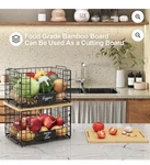 2 Set Large Stackable Wire Basket With Bamboo Tops & Tag- Pantry Organizer. Fixed Price $22.99.