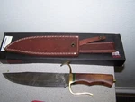Skokie Hand Forged Damascus Steel Knife W/ Brass Clip Guard Hunting Blade Sheath. Fixed Price $65.00.