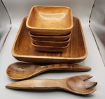 Vintage Mcm Monkey Pod Teak Wood 7 Piece Salad Bowl Set With Spoon & Fork Tiki. Fixed Price $24.99.