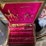 V. Thailand Gold Metal Flatware Set With Wooden Storage Box, Knife Fork Spoon. Fixed Price $50.00.