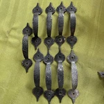 Vintage Set Of Nine (9) Hammered Black Wrought Steel Cabinet Door Pull Handle. Fixed Price $18.00.