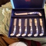 Spode Blue Italian Cheese Knife & 6 Spreaders Set, Ceramic Handles, White. Fixed Price $19.99.