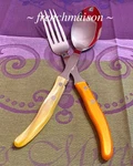 Claude Dozorme Laguiole French Dinner Lunch Serving Fork + Spoon Orange Yellow. Fixed Price $97.50.