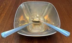 Pottery Barn Solid Pewter Salad Bowl With Spoon And Fork Tossers Used Once. Fixed Price $35.00.