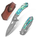 Knovatet Damascus Pocket Knife SHEATH3.54 Sharp Steel Blade Abalone. Fixed Price $65.58.