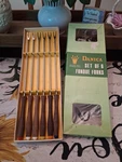Set Of 6 Vintage Fondue Forks Danica Japan Wooden Handles Stainless Steel. Fixed Price $10.00.