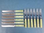 Vtg Flatware Set Green Marbled + Tan Lucite Handles Stainless 6 Forks Knives. Fixed Price $24.99.