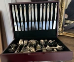 Godinger Olde Copenhagen Silverplate Flatware Set W/ Chest - Full Service For 12. Fixed Price $275.00.