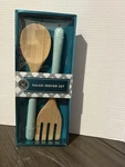 Modern Expressions Bamboo Salad Server Set W/light Teal Ceramic Handles 11.5". Fixed Price $18.00.