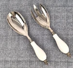 Vtg Godinger Silverplated White Porcelain Handle Spoon Fork Server Set 10.75". Fixed Price $22.95.