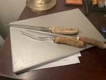 1950'S Kitchen Knife, Fork, Sharpener With Bone Handles Good. Fixed Price $20.79.