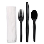Boardwalk Four-piece Cutlery Kit, Fork/knife/napkin/teaspoon, Black, 250/CARTON. Fixed Price $47.28.