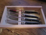Laguiole Butter, Cheese, Spreader Knives Made In France Lot Of 4 Wood Box. Fixed Price $25.00.