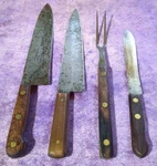 Antique Chef's Butcher Knives 3 Carbon Steel & 1 Fork Lot Rustic Kitchen Decor. Fixed Price $100.00.