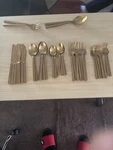 Fortessa Gold Satin Stainless Steel Flatware 44-PC Sets 8 W/ Serving. Fixed Price $250.00.