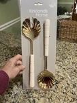 Kirkland Home Salad Servers Gold Tone Shells ST/2 White Handles New. Fixed Price $23.50.