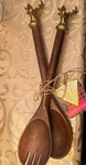 Acacia Wood/brass Elk Antlers Head Salad Servers, Fork &spoon Set, India, New. Fixed Price $39.00.