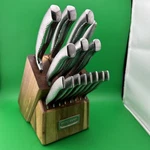 Cuisinart 17-PC Knife/sharpener Wood Block Set Professional Hammered No Scissors. Fixed Price $45.00.
