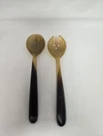 Vintage Natural Horn Salad Servers Spoon Fork Set Hand Carved Amber Black Tone. Fixed Price $41.22.