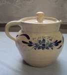 Vintage Handmade Stoneware Lidded Pitcher Ivory Blue Floral Pottery Belly!!. Fixed Price $21.49.