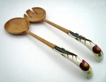 Vintage Wood & Ceramic Handled Salad Servers Painted Apple Motif Spoon Fork. Fixed Price $19.99.